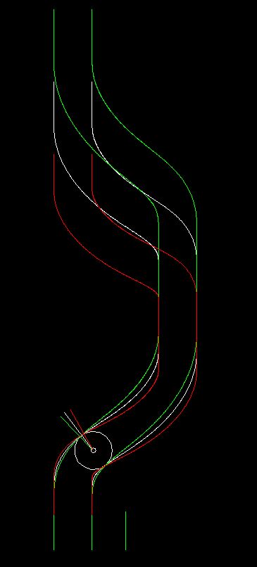 Developed views of a cyclindrical cam on three different reference diameters: green=outside, red=inside, white=pitch diameter