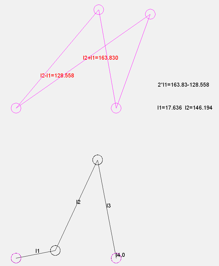 Linkage synthesis based on drawings, 2 end points of a rocker-crank mechanism