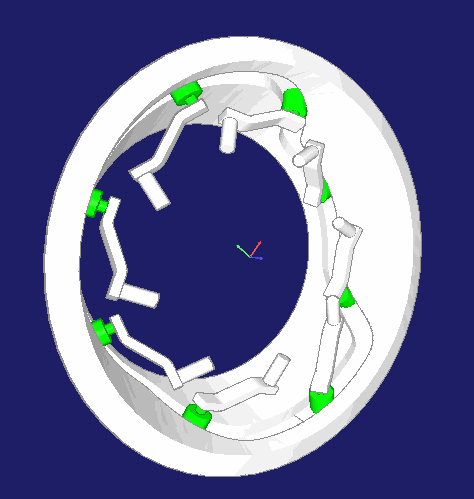 Beispiel für eine räumliche Kinematik (3D-Kinematik) mit einer feststehenden Kurve und umlaufenden, räumlich schwenkenden Hebeln