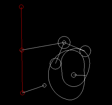 Kurven-Koppelgetriebe: Doppelkurvenscheibe mit Linearführungs-Viergelenkgetriebe, Bewegungsvorgabe am Endpunkt der Koppel (rot dargestellt)